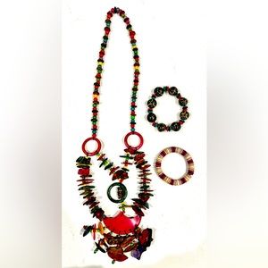 Wood Coconut Shell Colorful Beaded Apple Necklace And 2 Wooden Stretch Bracelets